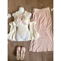 New Sweet Fashion Skirts Suit Women Lace Bow Off-the-Shoulder Top + High Waist Skirts Japanese Slim Kawaii Y2k 2 Piece Sets 2025