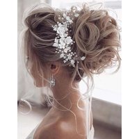 Handmade White Soft Ceramic Flower Hairpiece – Silver Alloy Leaf Accents, Delicate Wedding Headwear for Bride, Hot-Selling Desig
