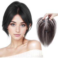 100% Handmade Human Hair Toppers for Women Borderless Invisible Lace Base Clip In Hairpiece with Bangs Fringe Natural Hair Cover