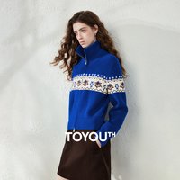 TOYOUTH Women Knit Cardigan 2026 Autumn New Klein Blue Fair Isle Jacquard Zip‑Up College Sports Outerwear