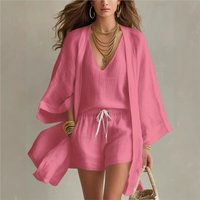 Summer Fashion Shorts 3-piece Set Cardigan Top+Vest +Shorts Women Oversize Loose Beach Sun Protection Vacation Homewear Suit