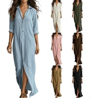 Women's casual color linen cotton dress, button-front bohemian shirt dress, suitable for beach vacations.