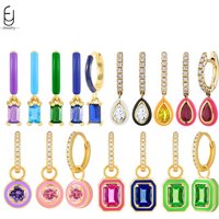 925 Sterling Silver Ear Needle Enamel Hoop Earrings For Women Colorful Crystal Water Drop/Square Pendant Earring Luxury Jewelry