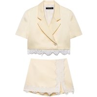Women's Satin Skirt Set 2026 Spring 2 Piece Cropped Double-Breasted Blazer Contrast Lace Skort Two Piece Set Female Outfit
