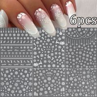 6pcs White Snowflake Elk Winter Nail Stickers 3D White Polka Dots Snowflake Adhesive Nail Decals Women Christmas Manicure Decora
