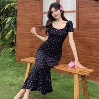 Women Summer Square Neck Long Dress Lady Floral Print Black Lace Slim Slim Fit A-line Dress Female Korean Style Dress