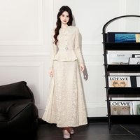 Spring Autumn French High-end Fashion 2 Piece Set Women Peter Pan Collar Beaded Top + Lace Long Skirt Elegant Banquet Party Set