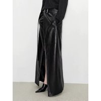 Lautaro Spring Autumn Shiny Black Soft Pu Leather Floor Length Skirt Women with Front Slit High Waist Extra Long Clothes 2025