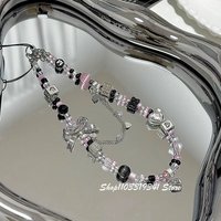 Korea Y2K Cute Silvery Bow Love Heart Bead Phone Chain Charm Lanyard For iPhone Samsung Universal Anti-Loss Hanging Rope Jewelry