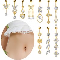 1pc Dangled Curved Navel Belly Piercing 3-Chains Heart Crystal CZs Belly Button Ring for Women Stainless Steel Piercing Nombril