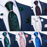 2023 New Solid Red Blue Olive Green Silk Ties for Men with Brooch Pin Tie Ring Wedding Party Accessories Cufflinks Pocket Square