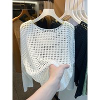 2026 Mesh Vintage Harajuku Long Sleeve Women Sweater Korean Spring Summer Knitwear Soft Thin Tops Chic Solid Femme Sweater
