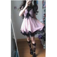 Japanese Sweet Style Spaghetti Strap Polka Dot Dress Women Bow Ruffle Trim Mini Dress Kawaii Harajuku Summer Daily Party Outfits