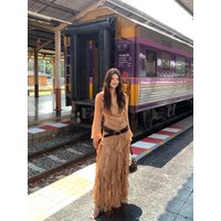【MAR】French Inspired Women Summer Outfit V Neck Chiffon Blouse Ruffle Skirt Graceful 2 Piece Set