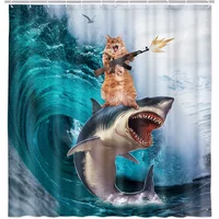 Funny Cat Shower Curtain Cool Cat Riding Shark Seagull On Ocean Sea Blue Waves Kids Creative Design Bathroom Curtain Polyester