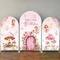 Princess Fairy First Birthday Backdrop Custom 2-sided Wonderland Pink Girl Butterflies Mushroom Background Chiara Arch Covers