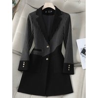 New Women Stripe Stitching Woolen Blazer Coat Long Sleeve Jacket Office Ladies Work Wear Blazers Female Windbreakers Outerwear