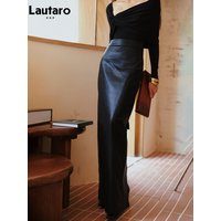 Lautaro Spring Autumn Black Soft Pu Leather Floor Length Straight Skirt Women with Back Slit High Waist Extra Long Clothes 2023