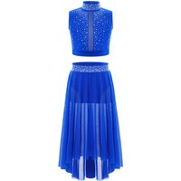 Kids Girls Shiny Rhinestones Gymnastics Figure Skating CostumeBallet Lyrical Dance Outfit Crop Top with Side Slit Mesh Skirt