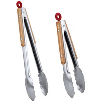 Leeseph Stainless Steel Kitchen Tongs, 9" and 12" Locking Metal Food Tongs with Wooden Grips, Barbecue Tongs for Pans and BBQ