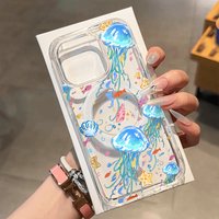 Transparent Wireless Charge Case for Samsung Galaxy S25 S24 S23 S22 Ultra Plus S21 FE Cute Jellyfish Fish Pattern Cover