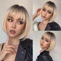 Platinblonde Ombre-Synthetik-Bob-Perücken mit Pony, kurze, glatte Naturhaar-Perücke für Frauen, tägliche Party, hitzebeständige Faser