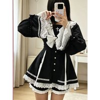 Japanese Jirai Kei Mines Style Lolita Dress Sets kawaii Embroidered Cross Flared Long Sleeve Striped High Waist Shorts Women