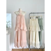 Women's Summer Sweet Halter Neck Pleated Fake Two Pieces Set Loose Long Dress Lady Streetwear Holiday Beach Solid Color Dress