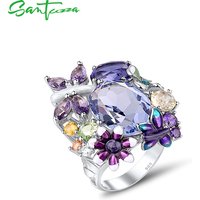 SANTUZZA Pure 925 Sterling Silver Ring for Women Sparkling Purple Butterfly Delicate Plant Party Birthday Gifts Fine Jewelry