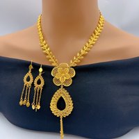 African 24k Gold Color Necklace Set For Women Luxury Charm Flower Long Party Pendant Dubai Jewelry Sets Accessories Gifts