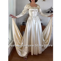 Customized Elegant and Luxurious Square Neck Vintage Prom Dress Long Sleeve Single-Breasted A-Line Pleated Train Satin Evening