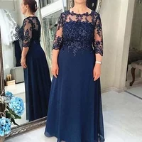 Navy Blue Mother Of The Bride Dresses Plus Size 3/4 Sleeves Appliques Beaded Chiffon Groom Mother Dresses robe de soirée femme