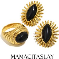 MamacitaSlay 316L Stainless Steel Black Agate Earrings Rings 18k Gold Plated Waterproof Jewelry Set For Women Unique Cool Gift