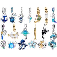 S925 Silver Ocean Animal Main Photo Pendant Beads Anchor Seahorse Conch Mermaid Starfish Stingray Surfboard Shell Charm Jewelry