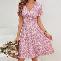 Dresses for Women Elegant Slim V-Neck Women Dress Print A-LINE Dress WomenNew Summer Short Sleeve Vestidos De Verano Mujer Q5348