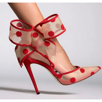 Polka Dot Bow Pumps Red Mesh Pointed Toe Stiletto Heels Side Butterfly Knot Sandals Women Evening Party Shoes Zapatos Mujere