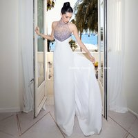 Evening Dress White Halter Multicolor Rhinestone Mermaid Gown Sweep Train Wedding Guest Formal Evening Party Dress Customized