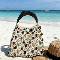 Handmade Woven Beaded Lattice Handbag,high-end Fashion Openwork Bag With Wooden Handle,niche Casual Large Capacity Shoulder Bags