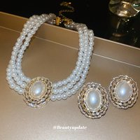 French-Style Artificial Pearl Multi-Layered Diamond-Studded Earring Necklace Set Light Luxury Clavicle Chain Vintage Jewelry Ms