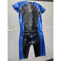 Men's Black and Blue Natural Latex Short-Sleeve Bodysuit with Removable Contour Pouch Form-Fitting Catsuit Club wear Cosplay