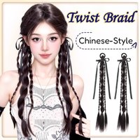 1Pair Double Twisted Braid Hair Rope Ribbon Bow Soft Synthetic False Braided Ponytail Extensions with Hair Ties Women Hairpieces
