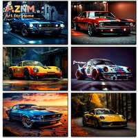 AZNM Vibrant Classic Muscle & Sports Car Wall Art Print, Single Unframed Canvas Poster, Colorful Retro Supercar Collection Illus
