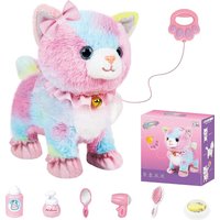 Touch&Voice Controlled Remote Lifelike Walking Cat Toy with Leash,Can Walk, Meow, and Wags Tail, Best Gift for Girls Ages 3+