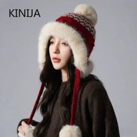 Knitted Fluzzy Russain Hat Trapper Earflap Outdoor Ski Cap Female Thick Warm Winter Beanie Hat Fur Pompom Bomber Hat