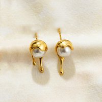 Vintage Gold Plated Dripping Round Ball Stud Earrings for Women Girls Tiny Beads White Pearl Ear Piercing Fashion Jewelry