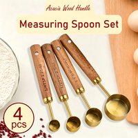 4Pcs Gold Stainless Steel Measuring Spoons With Scale Wooden Handle Household Kitchen Dining Bar Baking Tools Measuring Spoons