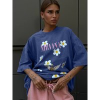 Sumuyoo Women's Retro Printed T-shirt Cotton Men Vintage Short-sleeve Wax Printing T Shirts Fashion Hip Hop Loose Fflower Tees