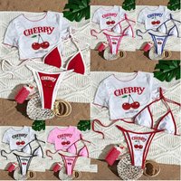 2026 New Printed Top Mesh Blouse Split Sexy Three-Piece Bikini Swimsuit Women