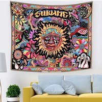 1pc Psychedelic "Sublime" Sun Face Tapestry Colorful Floral Moon Eye Mushroom Wall Hanging Hippie Boho Trippy Home Decor
