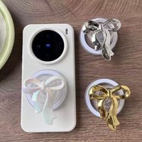 Cute Silver Bowknot Clear For Magsafe Phone Magnetic Griptok Stand For iPhone Funny Foldable Wireless Charging Case Holder
